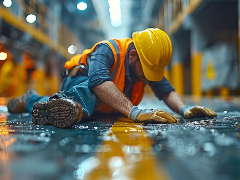 Construction worker in safety gear slips on wet floor in industrial setting.