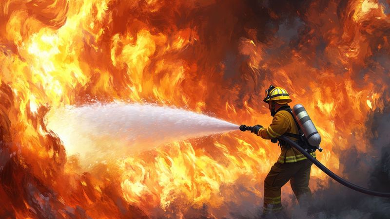 Firefighter battling intense blaze with water hose, wearing protective gear, amid roaring flames and thick smoke.