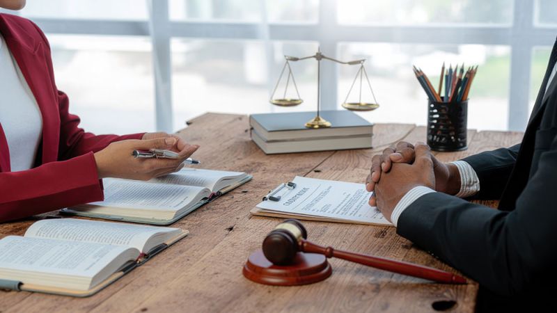 Two people are sitting at a wooden table; one is gesturing with a pen, while the other listens, hands clasped. A gavel, legal documents, scales, and books are present.