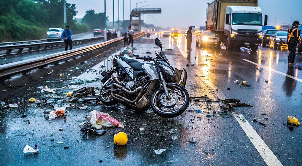 Motorcycle crash scene on rainy highway with debris and emergency response vehicles.