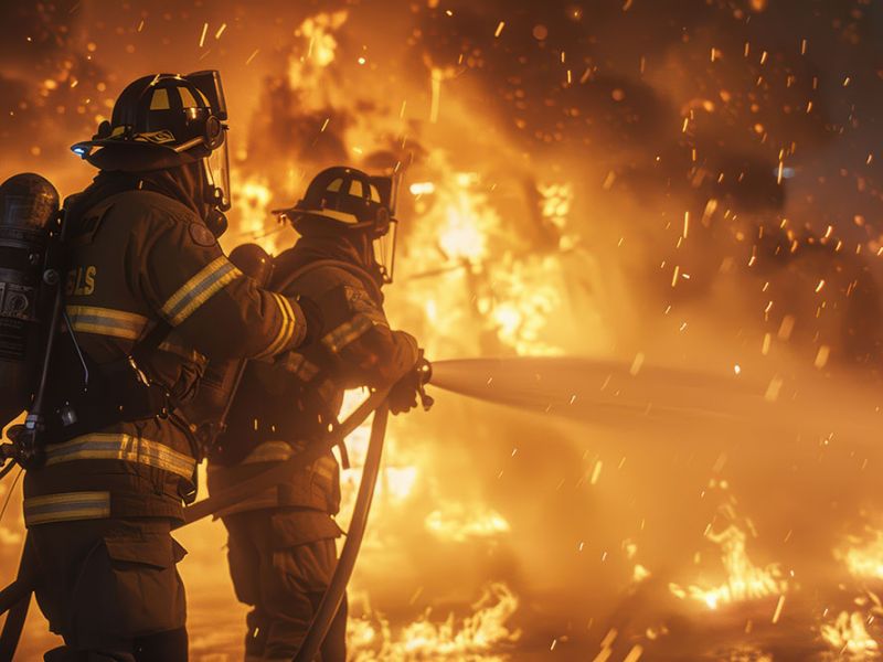 Firefighters battling intense blaze with hose, wearing protective gear, surrounded by flames and smoke.