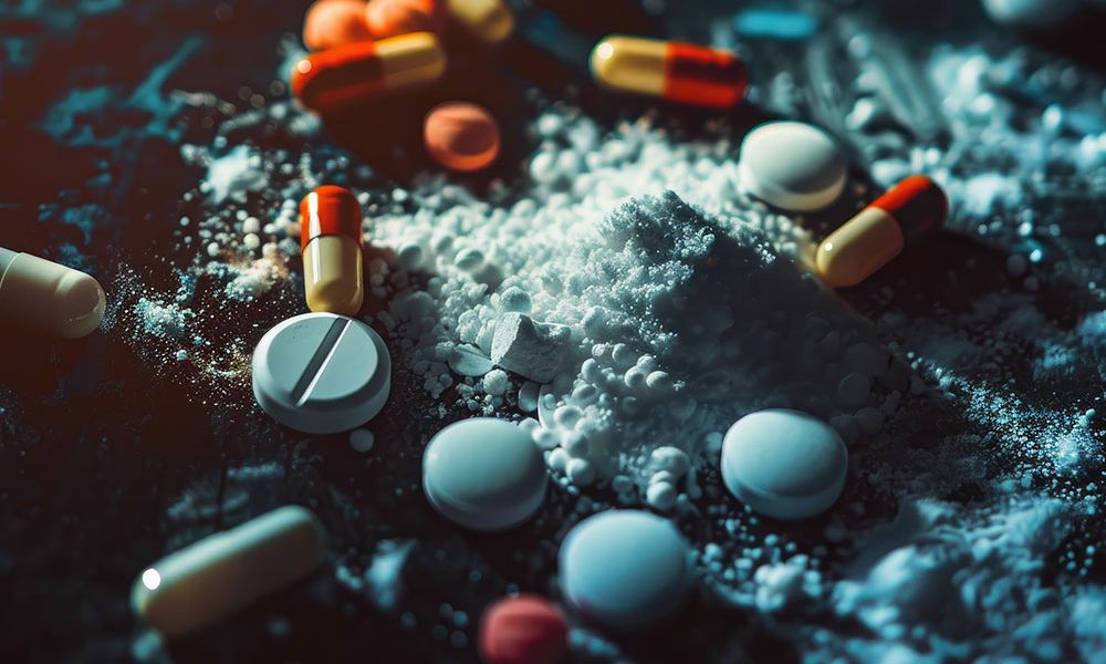 Dangerous Drugs & dark surface, highlighting pharmaceutical drugs or opioid crisis concept.