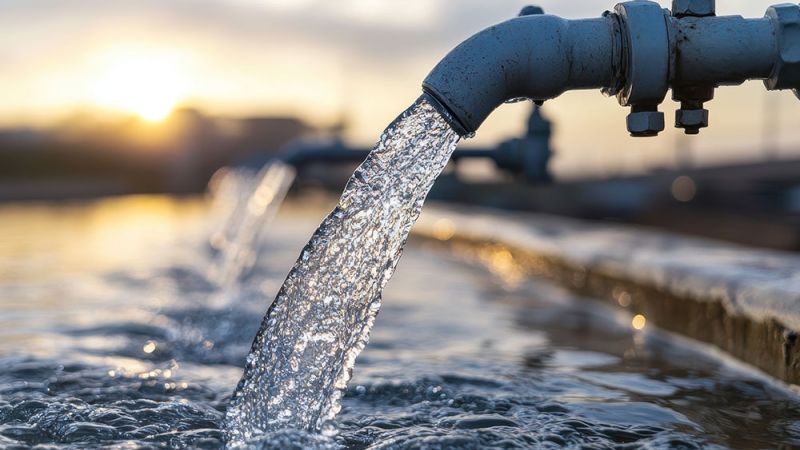 Water flows from pipes into a basin at sunrise, highlighting clean water resources and supply management.
