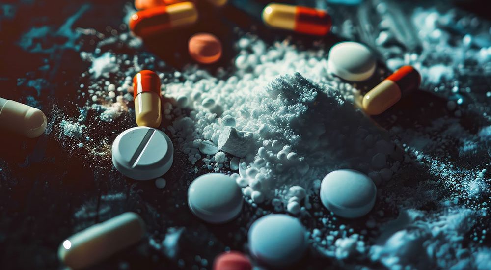 Dangerous Drugs & dark surface, highlighting pharmaceutical drugs or opioid crisis concept.