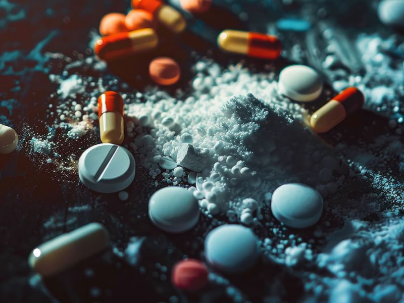 Dangerous Drugs & dark surface, highlighting pharmaceutical drugs or opioid crisis concept.