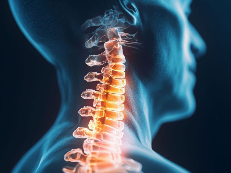 3D illustration of a human cervical spine with highlighted discs, showcasing neck anatomy and spinal health.