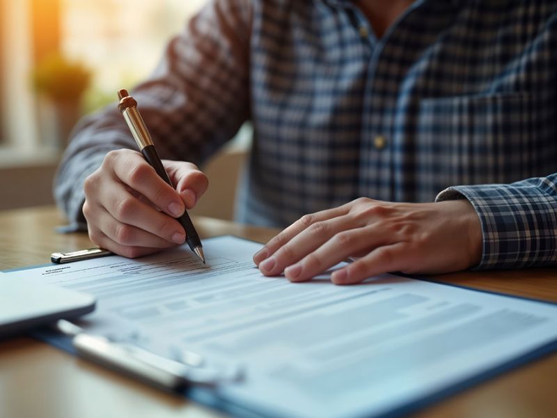 Person in checkered shirt signing documents on a wooden desk with a pen, laptop nearby, sunlight in the background.