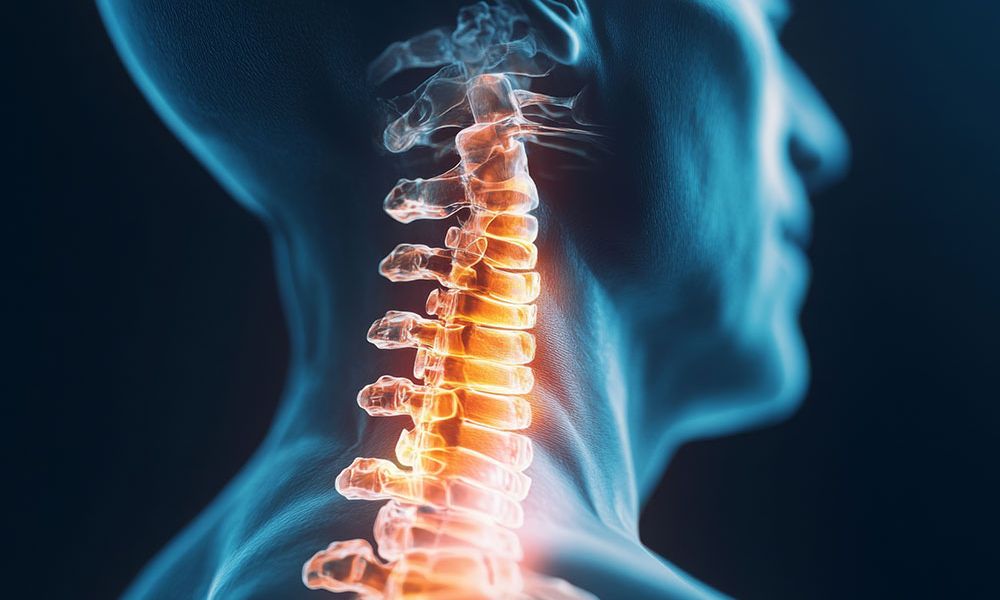 3D illustration of a human cervical spine with highlighted discs, showcasing neck anatomy and spinal health.