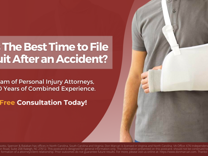 Person with arm in sling; text about filing a lawsuit after an accident, personal injury attorneys, free consultation offer.