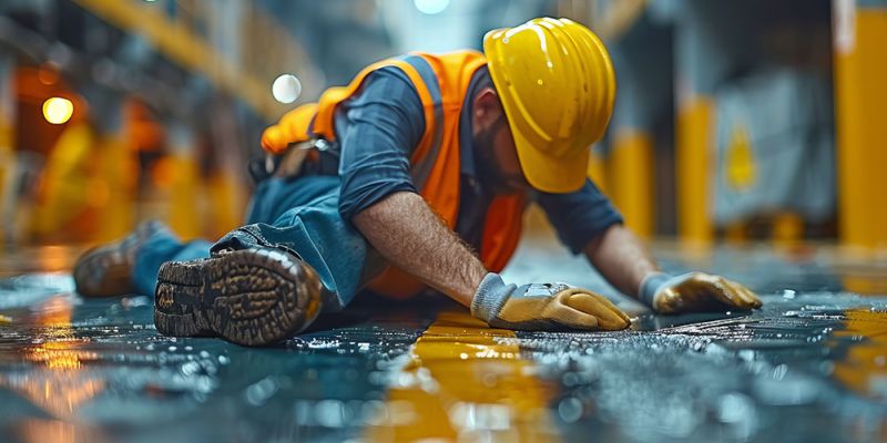 Construction worker in safety gear slips on wet floor in industrial setting.