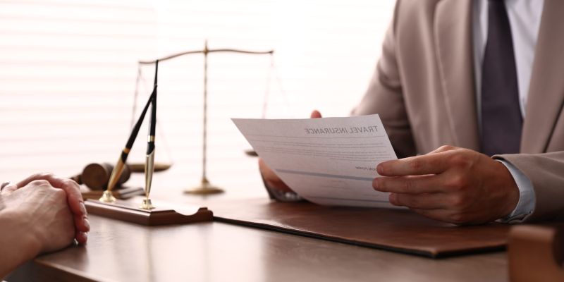 Two people in a formal setting exchange a document; a gavel and scales sit on the desk, suggesting a legal meeting.