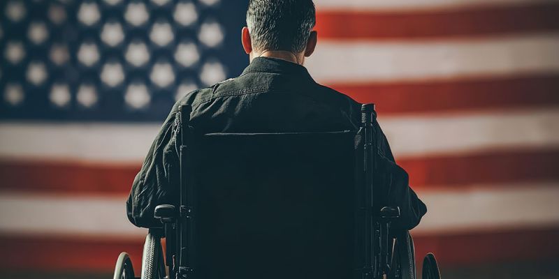 Man in wheelchair facing large American flag, symbolizing patriotism and resilience.