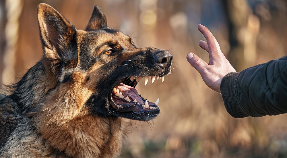 Aggressive German Shepherd barking at a raised hand in a forest setting.