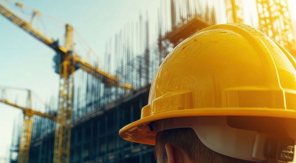 Construction worker in hard hat observing building site with cranes, reinforcing steel bars, and a bright sky.