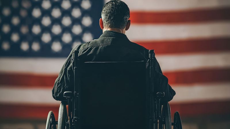 Man in wheelchair facing large American flag, symbolizing patriotism and resilience.