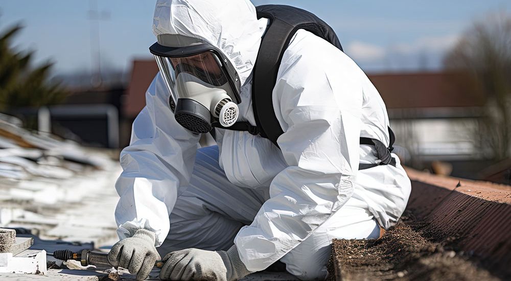 Person in protective suit and mask removing asbestos from a rooftop.
