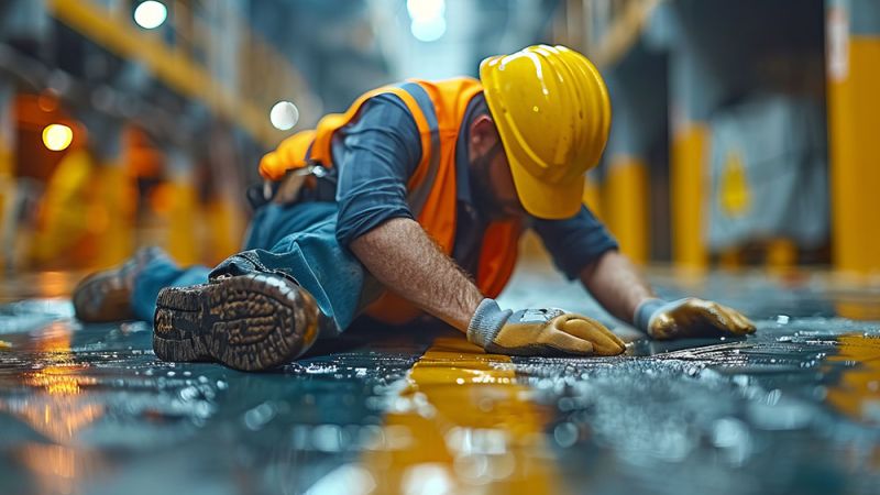 Construction worker in safety gear slips on wet floor in industrial setting.