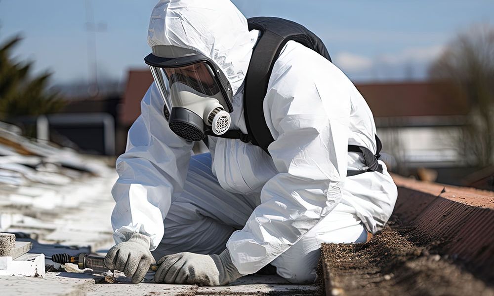 Person in protective suit and mask removing asbestos from a rooftop.