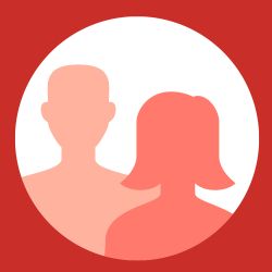Silhouette icons of a man and woman in a red and white circle, symbolizing people or user profiles.