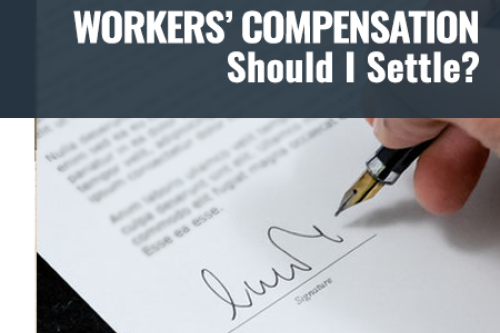 Person signing a workers' compensation document with text Workers' Compensation: Should I Settle?