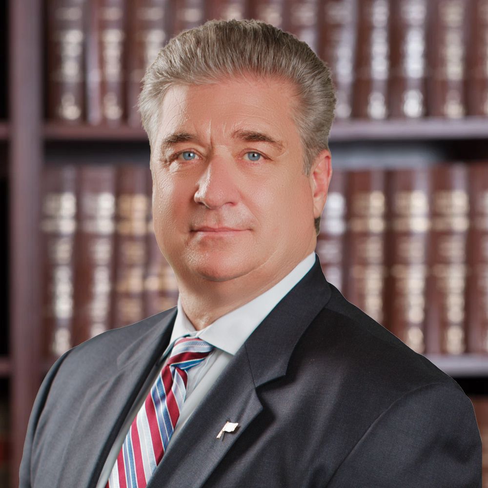 A professional man in a suit and tie with bookshelves in the background, exuding confidence and authority.