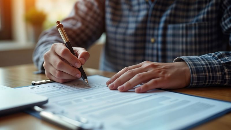 Person in checkered shirt signing documents on a wooden desk with a pen, laptop nearby, sunlight in the background.
