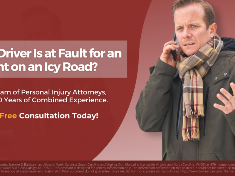 Man talking on phone about icy road accident liability; legal consultation ad.