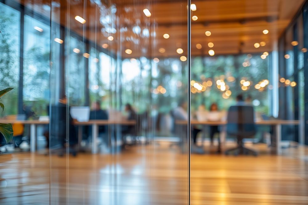 Modern office meeting room with glass walls and blurred focus, green plant in foreground, warm lighting ambiance.