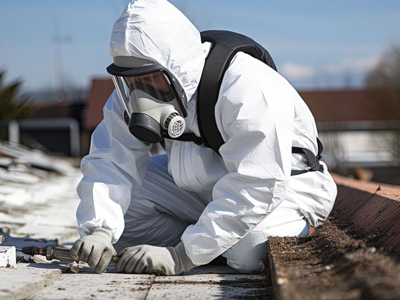 Person in protective suit and mask removing asbestos from a rooftop.