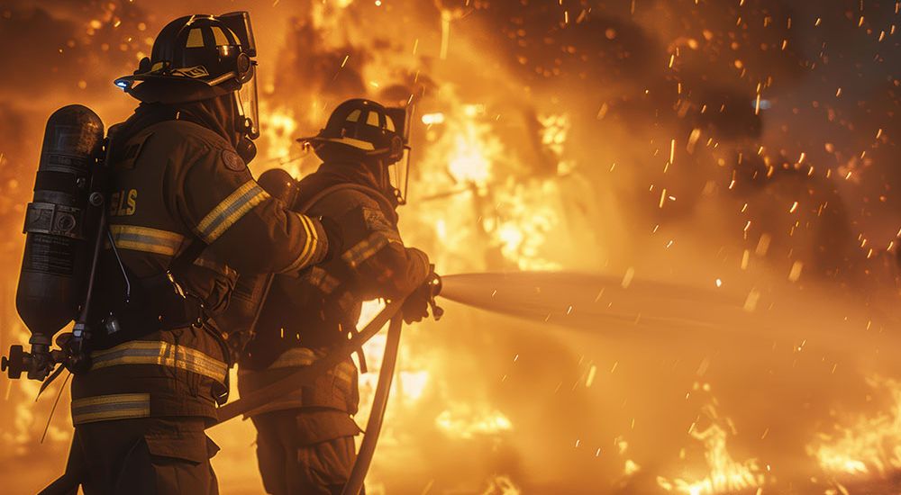 Firefighters battling intense blaze with hose, wearing protective gear, surrounded by flames and smoke.