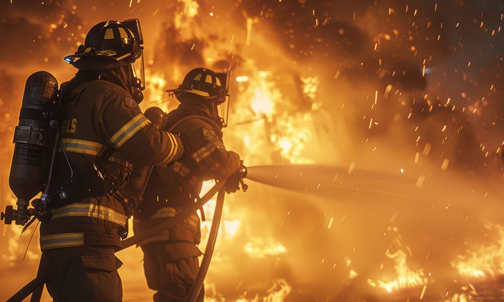 Firefighters battling intense blaze with hose, wearing protective gear, surrounded by flames and smoke.