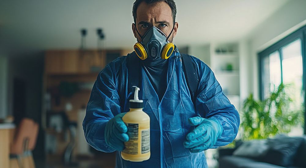 Person in protective gear holding sanitizer in a home setting, emphasizing cleanliness and safety.
