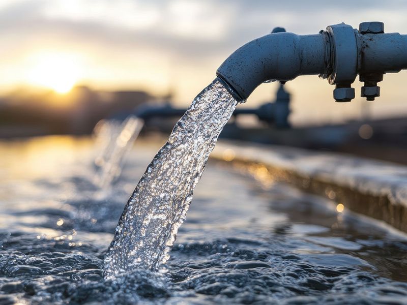 Water flows from pipes into a basin at sunrise, highlighting clean water resources and supply management.