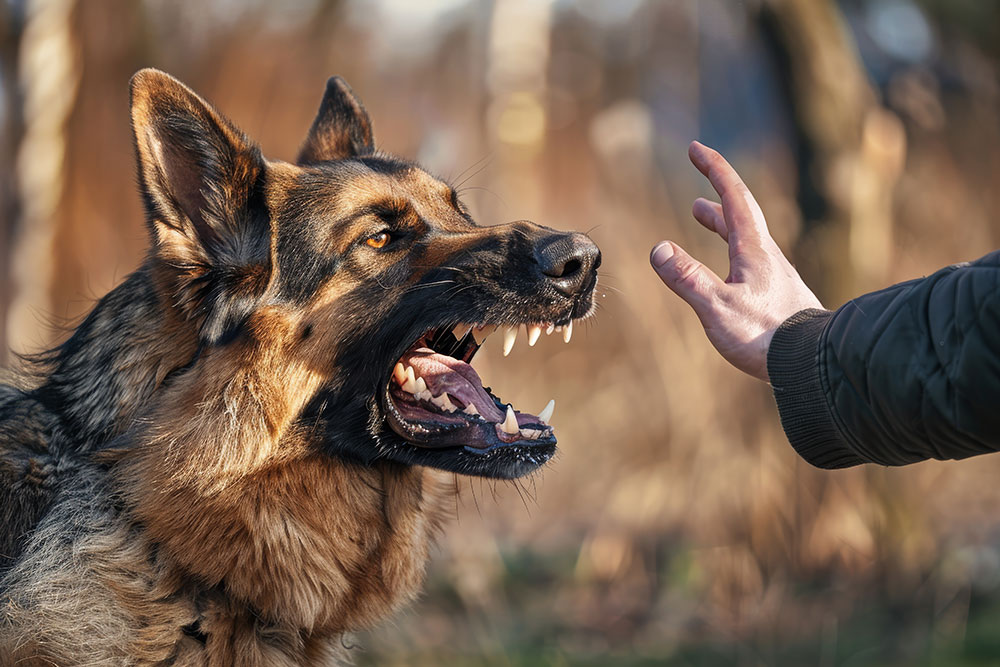aggressive german shepherd barking at a raised hand in a forest setting