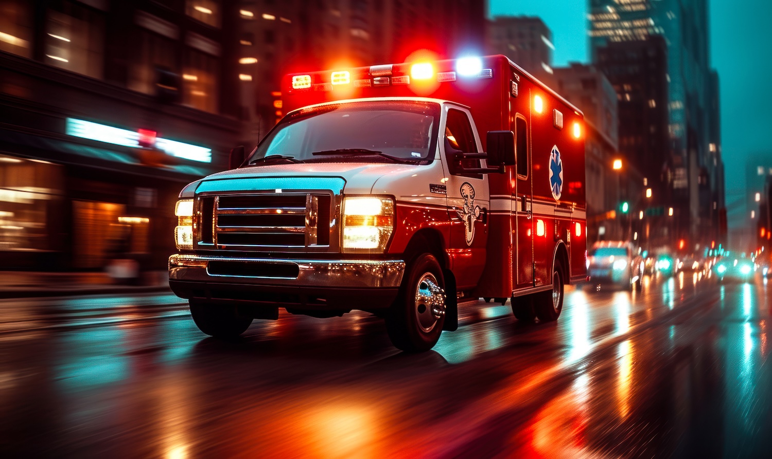 Red ambulance with flashing lights speeds through city streets at night.