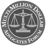 logo of the multi million dollar advocates forum featuring scales of justice in a circular design
